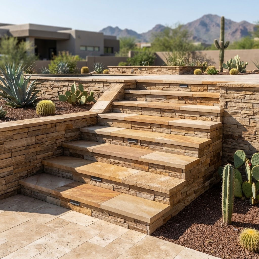Stone steps built into a retaining wall connecting patio levels in a Scottsdale, Arizona backyard