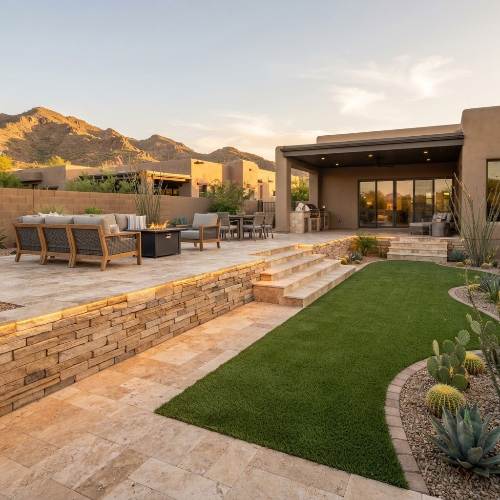 Stone veneer retaining wall bordering an upper patio at golden hour in a Phoenix, Arizona backyard