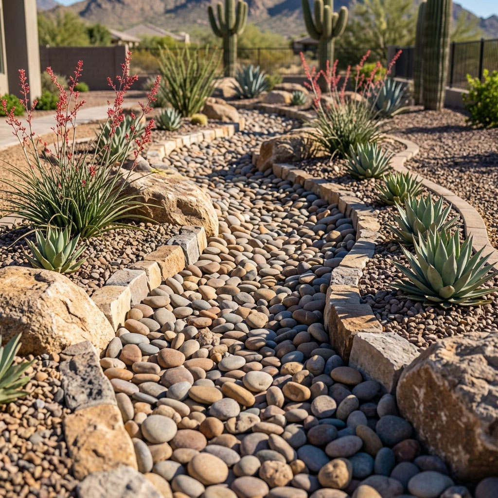 Photorealistic 8K photo of a curved river rock dry creek bed with larger border stones and desert plants winding through a Scottsdale backyard.