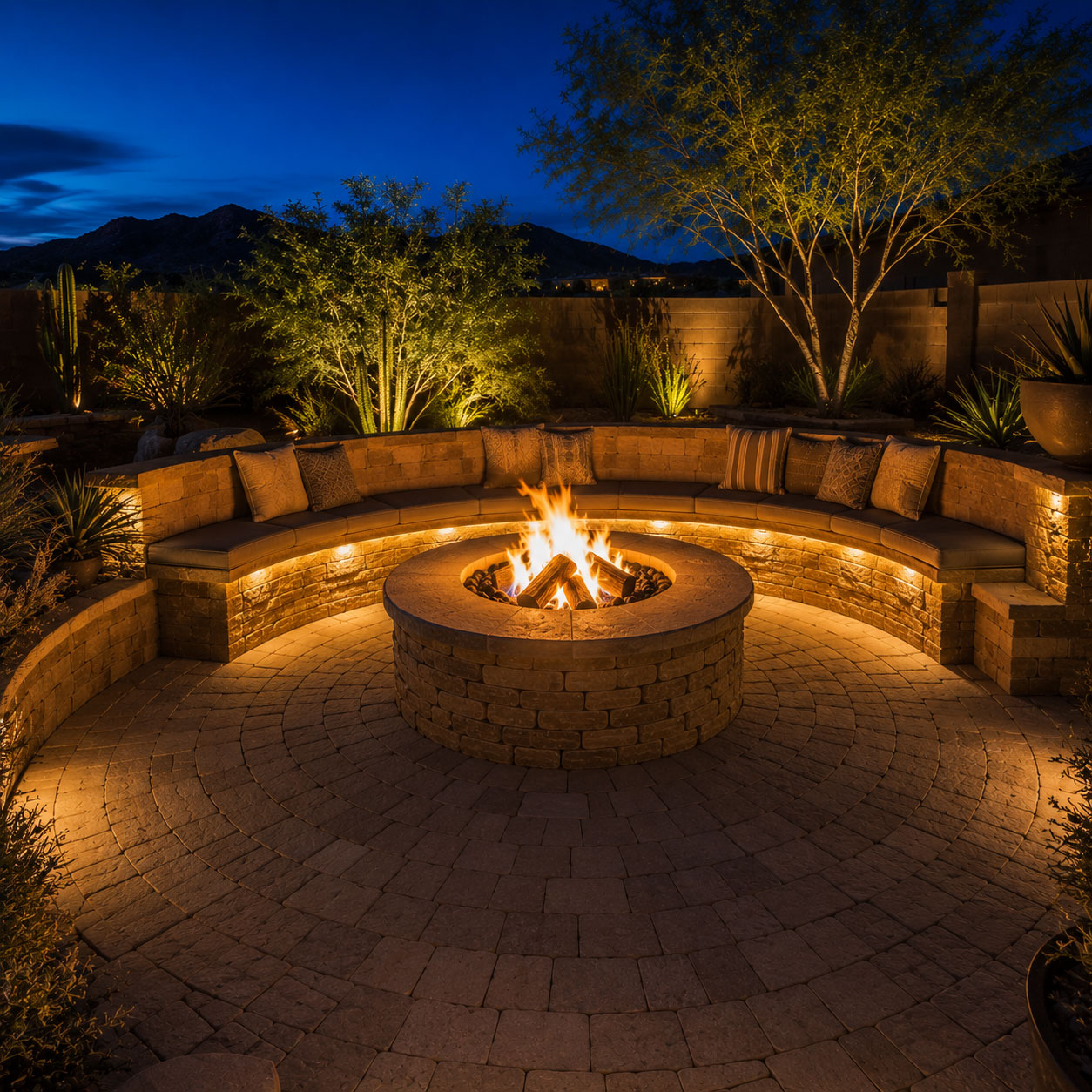 Round Fire Pit With Curved Seating Wall in Phoenix, Arizona