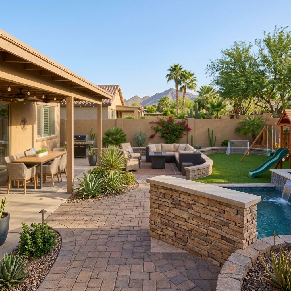 Close-up of a stacked stone veneer seating wall bordering a paver patio in Scottsdale, Arizona