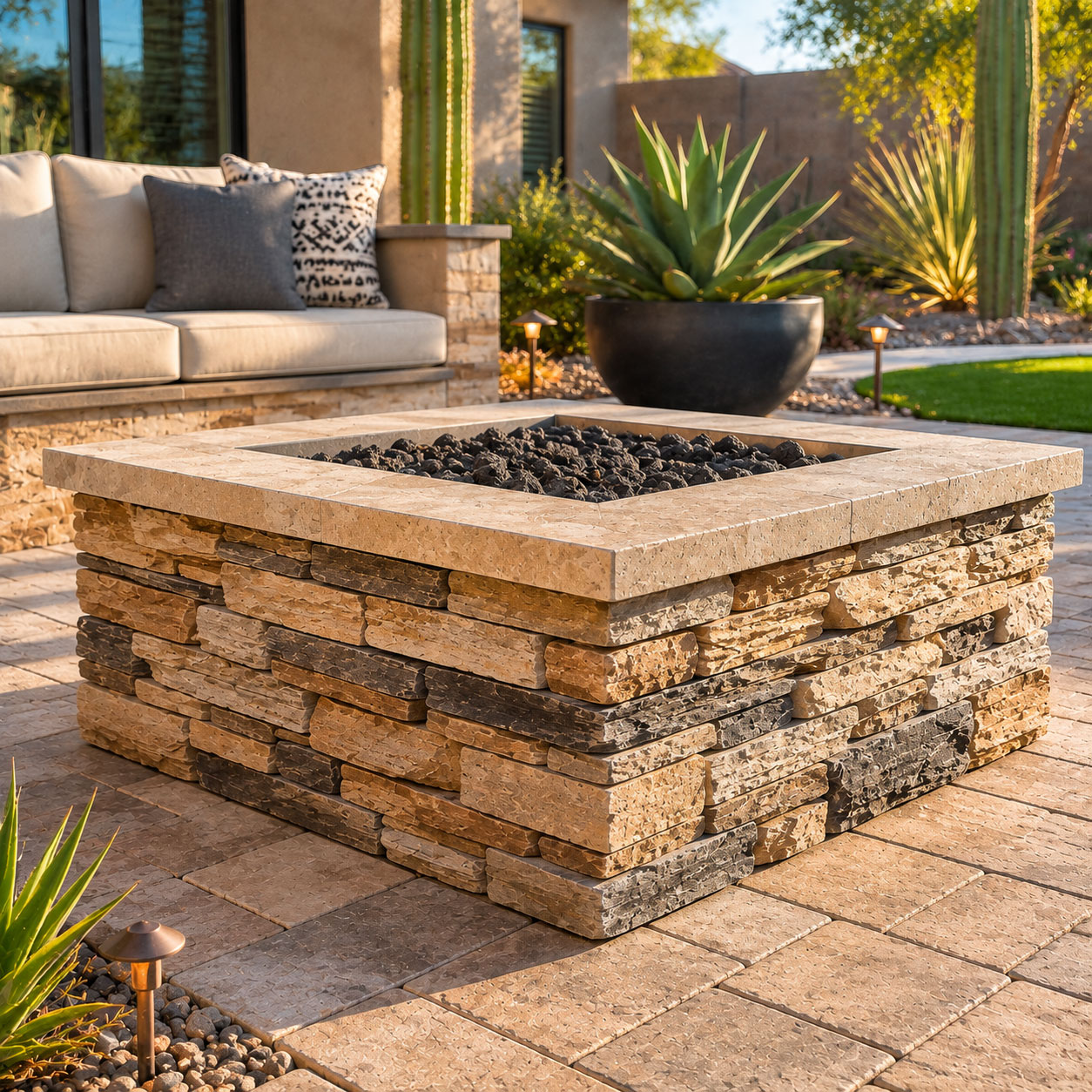 Close-up of stacked natural stone veneer and finished cap on a custom fire pit, showing precise masonry craftsmanship and clean paver patio edges in a Scottsdale backyard.