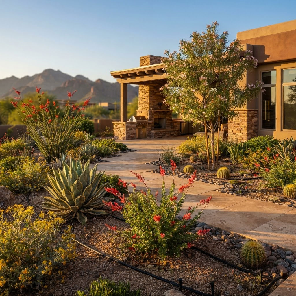 Thriving-Irrigated-Desert-Landscape-at-Golden-Hour Healthy, thriving desert landscape supported by irrigation at golden hour in a Phoenix, Arizona backyard