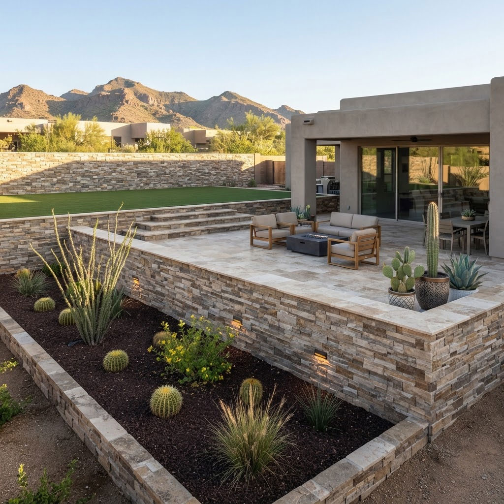 Multiple retaining walls creating tiered elevation zones in a Phoenix, Arizona backyard
