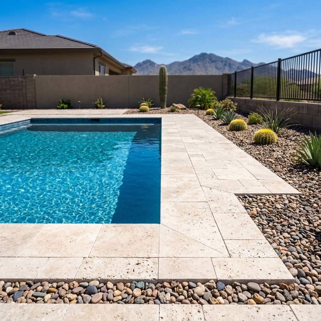Renovated travertine paver pool deck in a Scottsdale, Arizona backyard