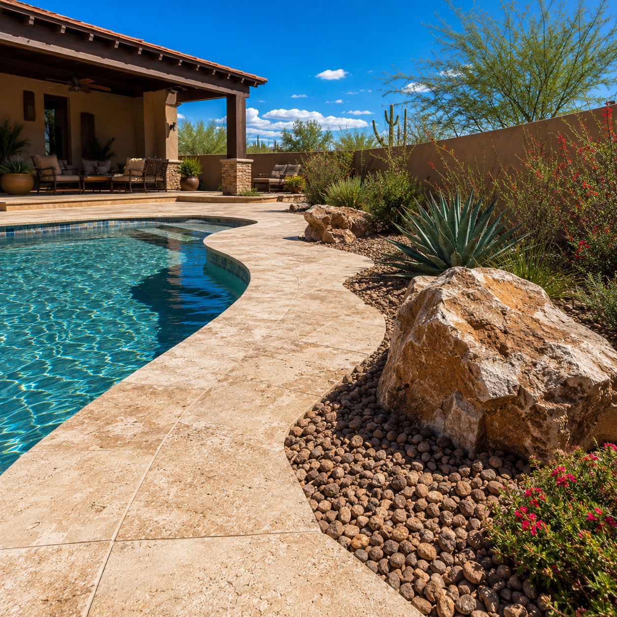 Travertine pool deck bordered by decorative rock and a natural boulder accent in a Scottsdale, Arizona backyard