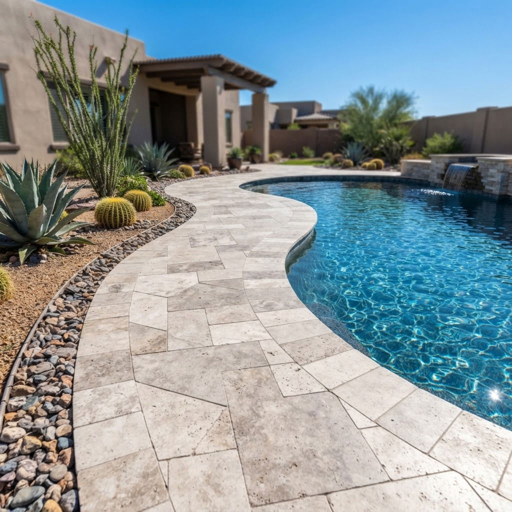 Travertine-Walkway-Around-a-Pool-in-Phoenix Travertine walkway curving around a backyard pool edge in a Phoenix, Arizona home