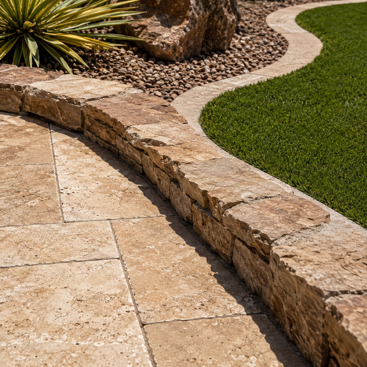 Close-up of travertine paving meeting a natural stone border and turf edge in a Phoenix, Arizona yard