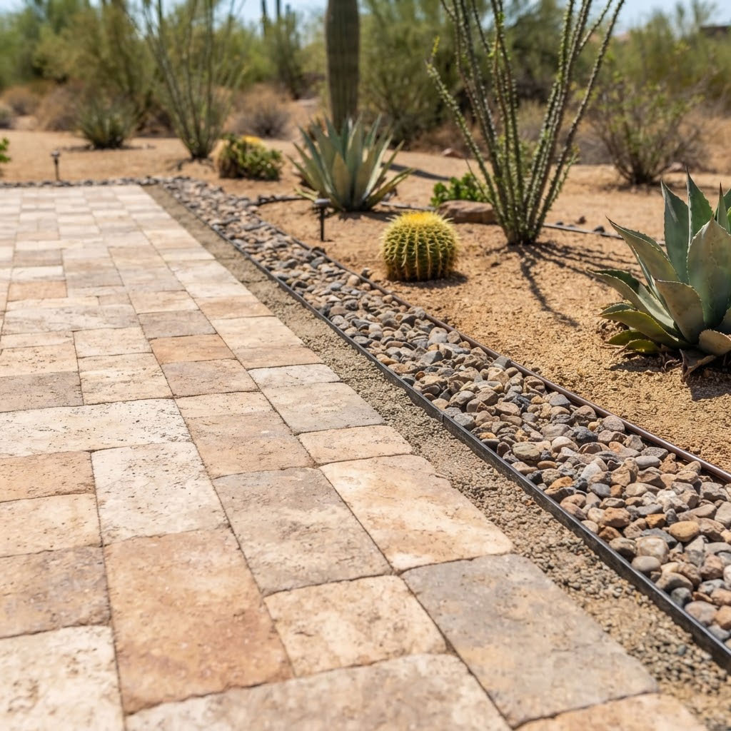Walkway-Paver-and-Border-Detail-in-Phoenix,-AZ Close-up of a paver walkway meeting a decorative rock border in a Phoenix, Arizona yard
