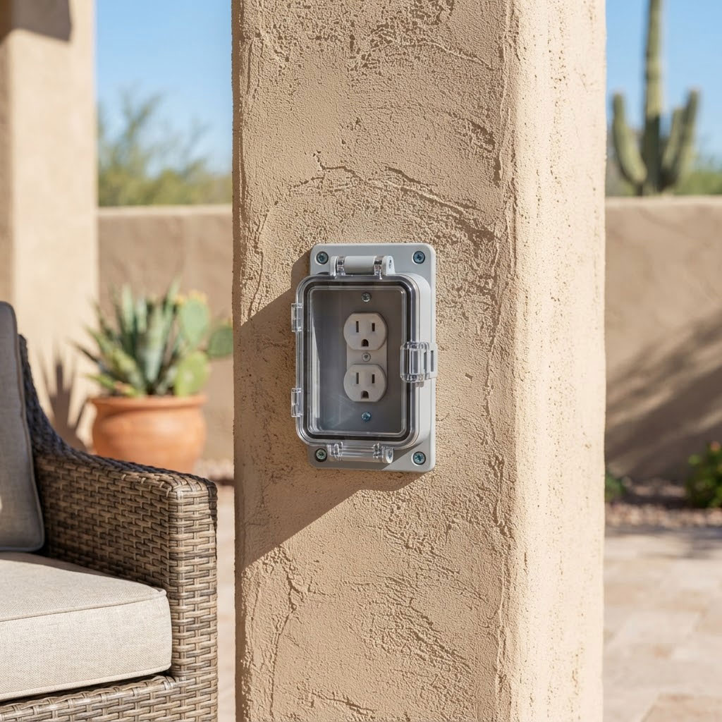 Weatherproof-Outdoor-Outlet-on-a-Patio-Column-in-Pho Clean weatherproof outlet box mounted on a patio column in a Phoenix, Arizona backyard