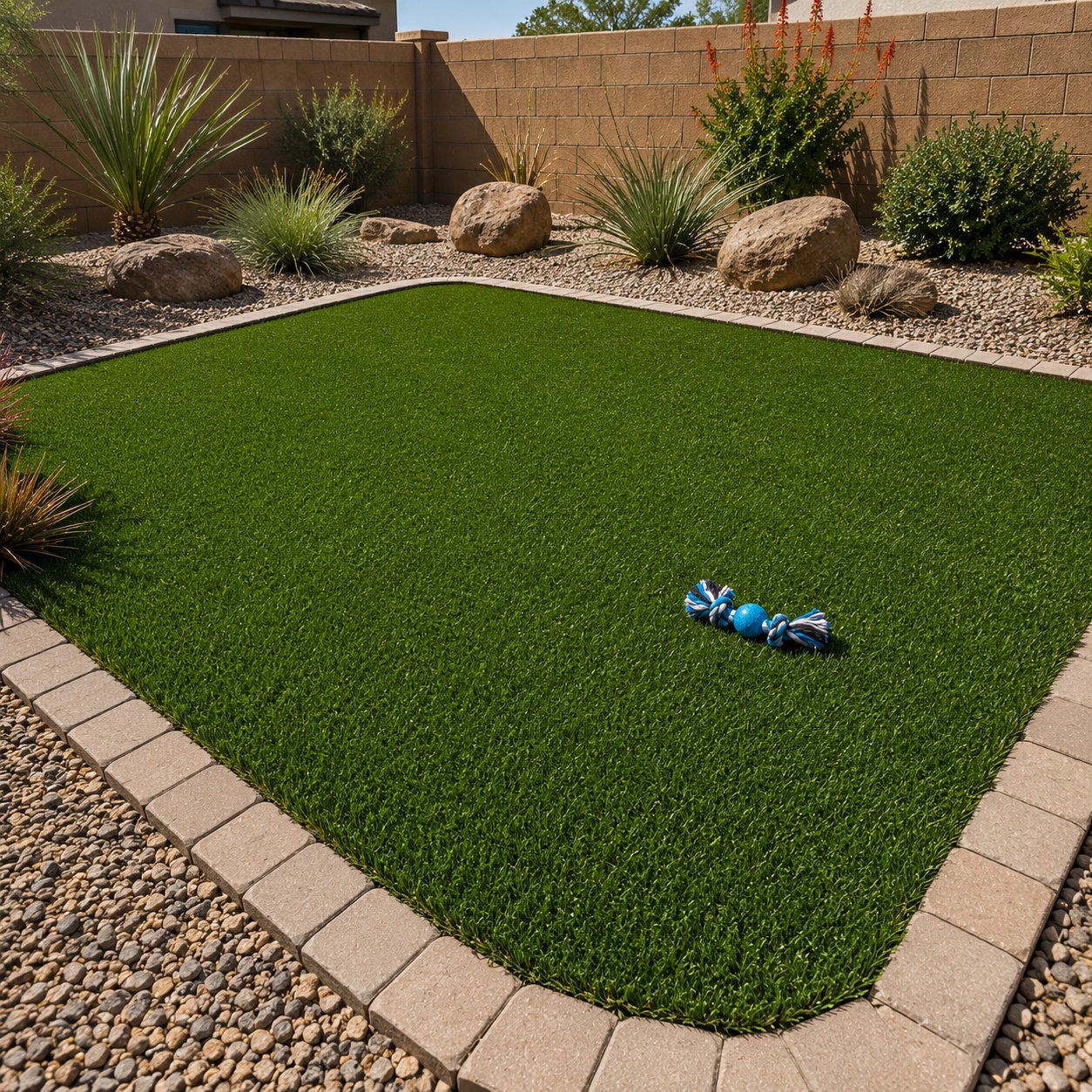 Artificial pet turf area with paver border and dog toy in a Phoenix desert backyard