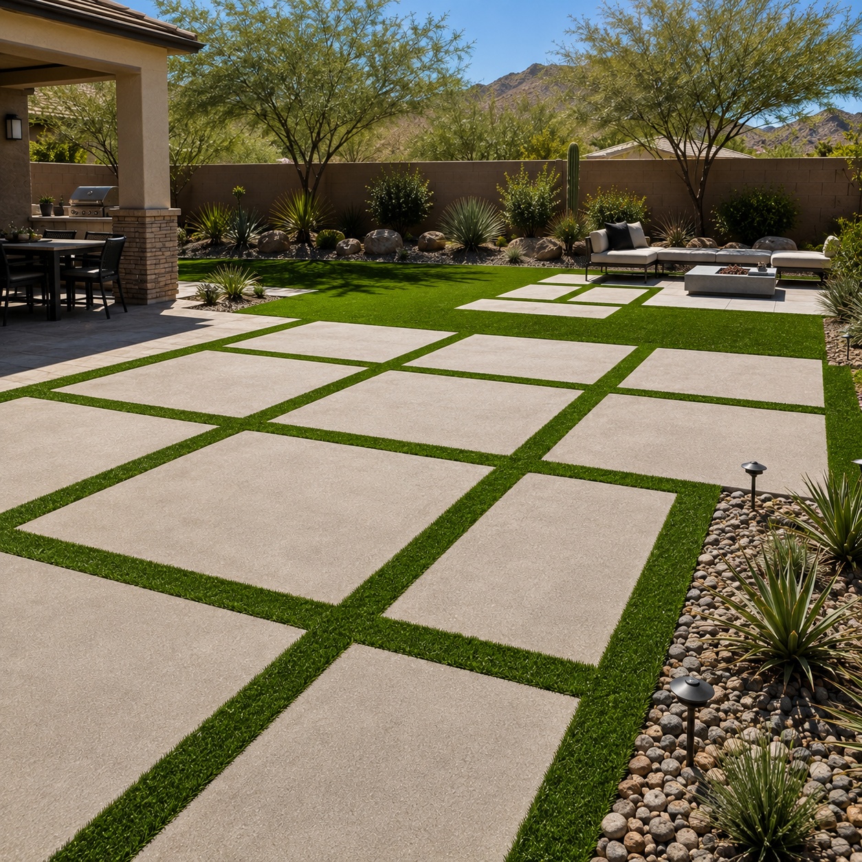 Artificial turf strips and large concrete pavers in a modern Scottsdale backyard