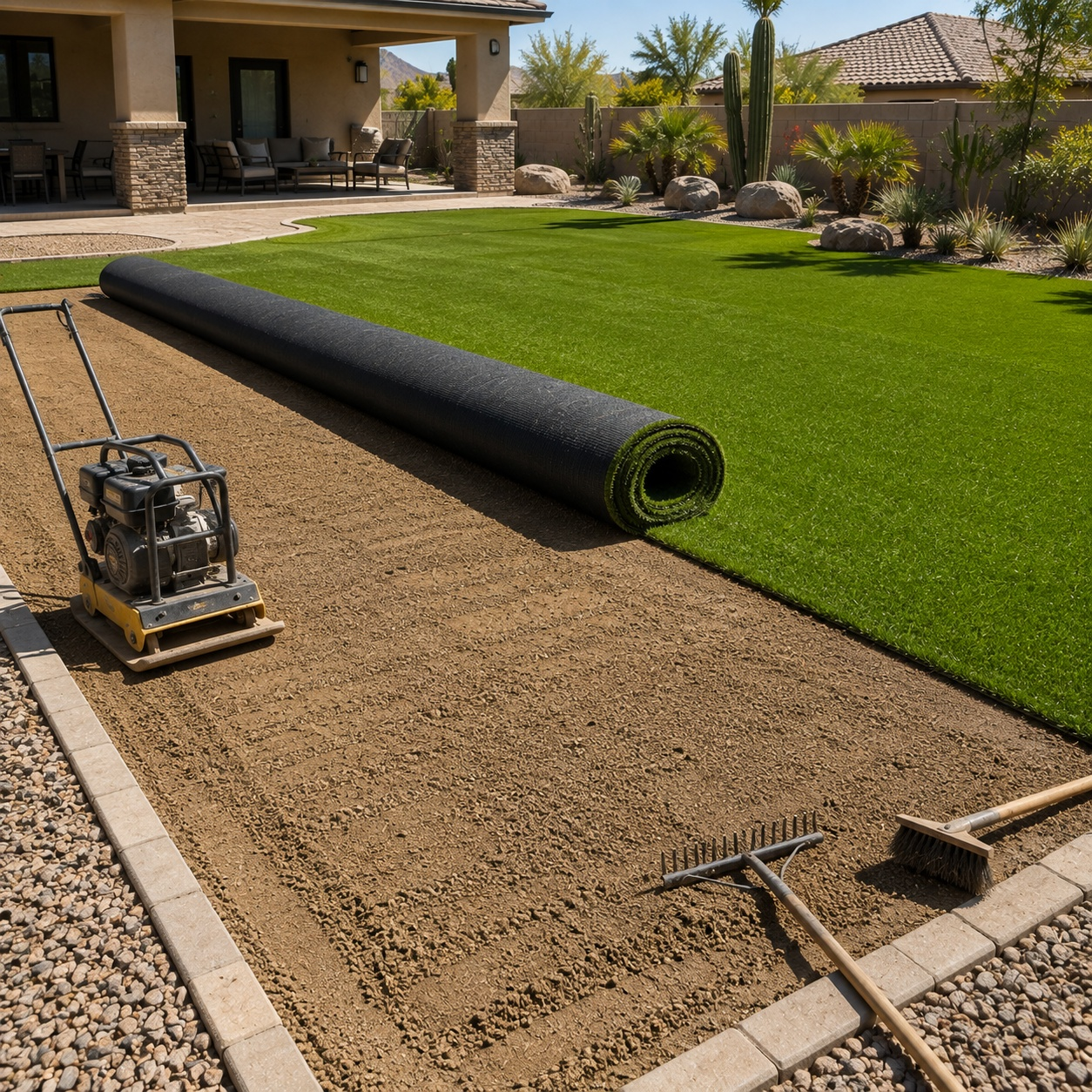 Artificial turf installation showing prepared base, turf roll, and compaction equipment in a Phoenix backyard