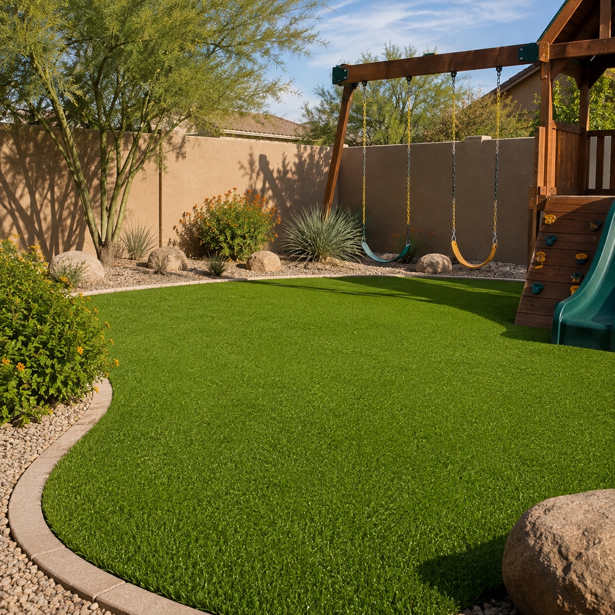 Artificial turf play area with swing set in a Phoenix backyard