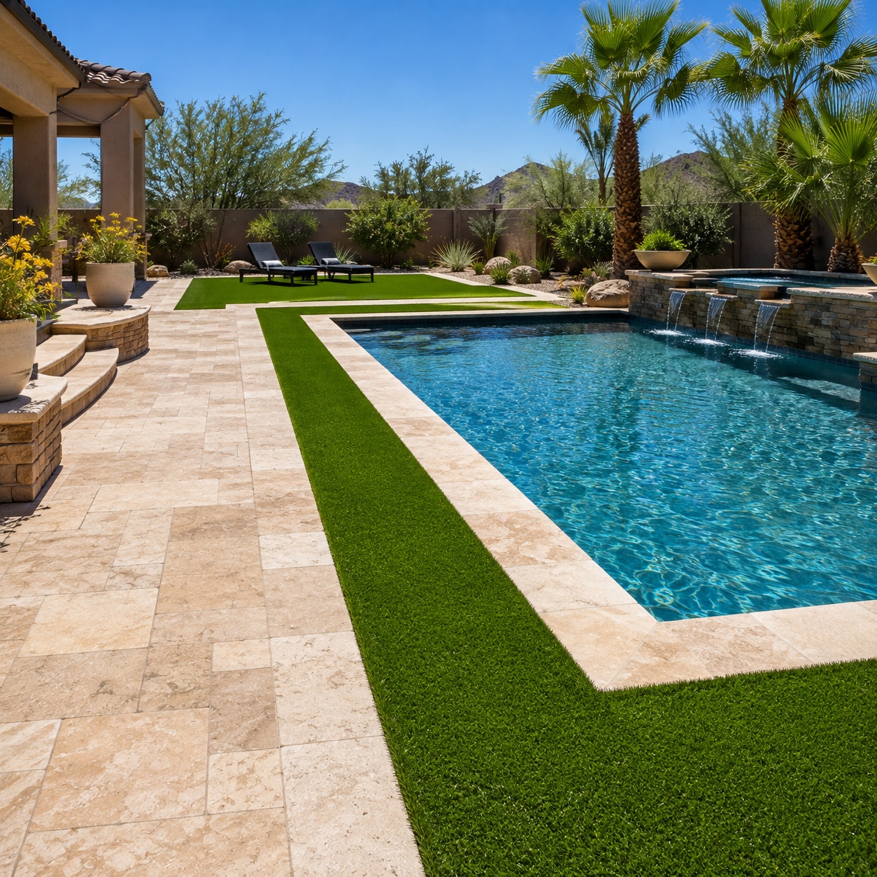 Artificial turf strips bordering a travertine pool deck in a Scottsdale backyard
