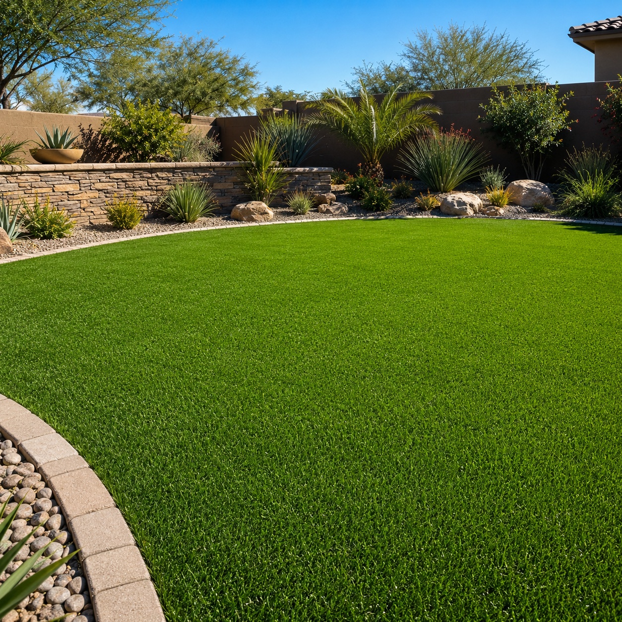 Lush artificial turf lawn in a Phoenix backyard with stone wall and desert landscaping