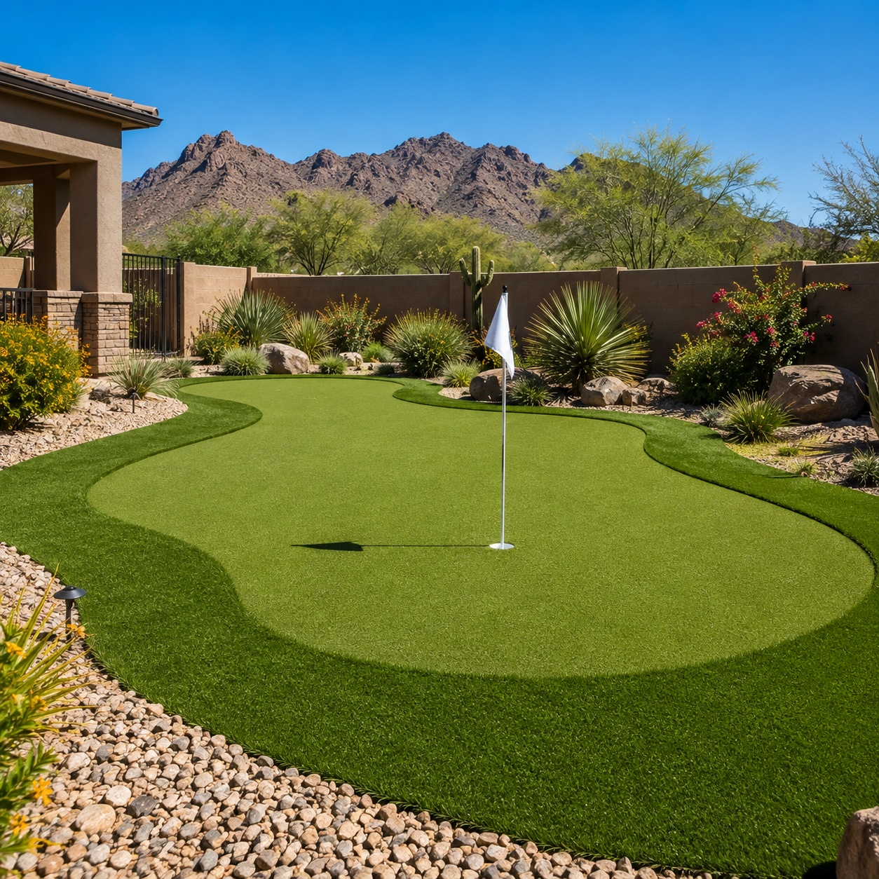 Custom backyard artificial turf putting green with flag and desert mountain view